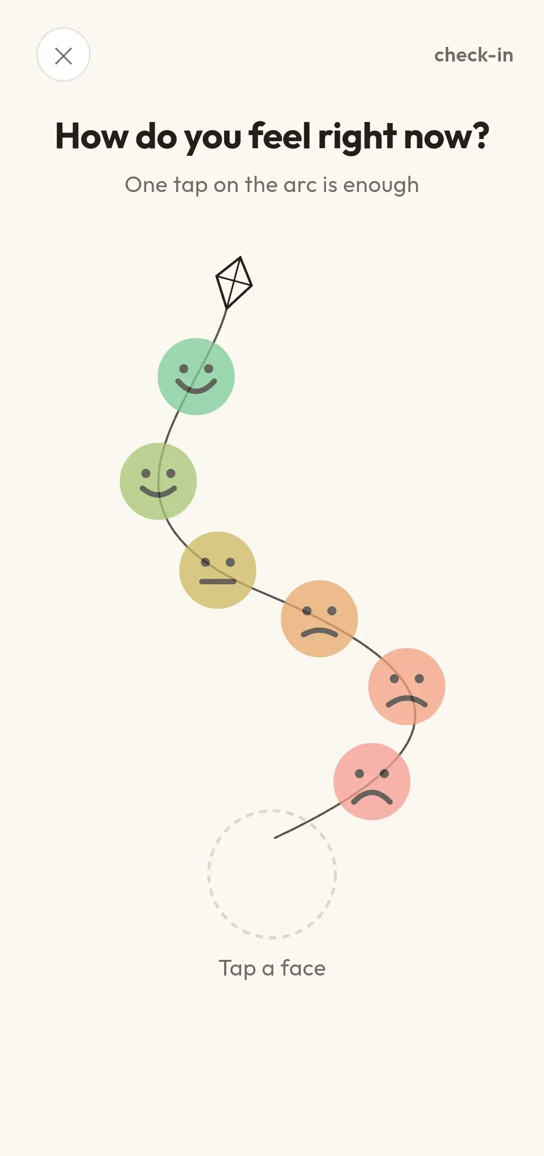 The MoodKite check-in screen: six mood faces hanging along a hand-drawn kite string