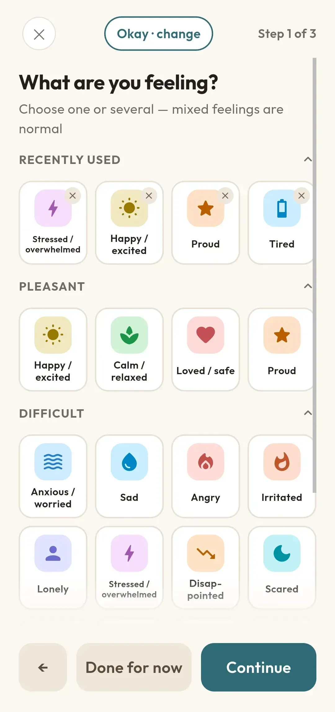 The MoodKite check-in screen showing a grid of emotion tiles to choose from